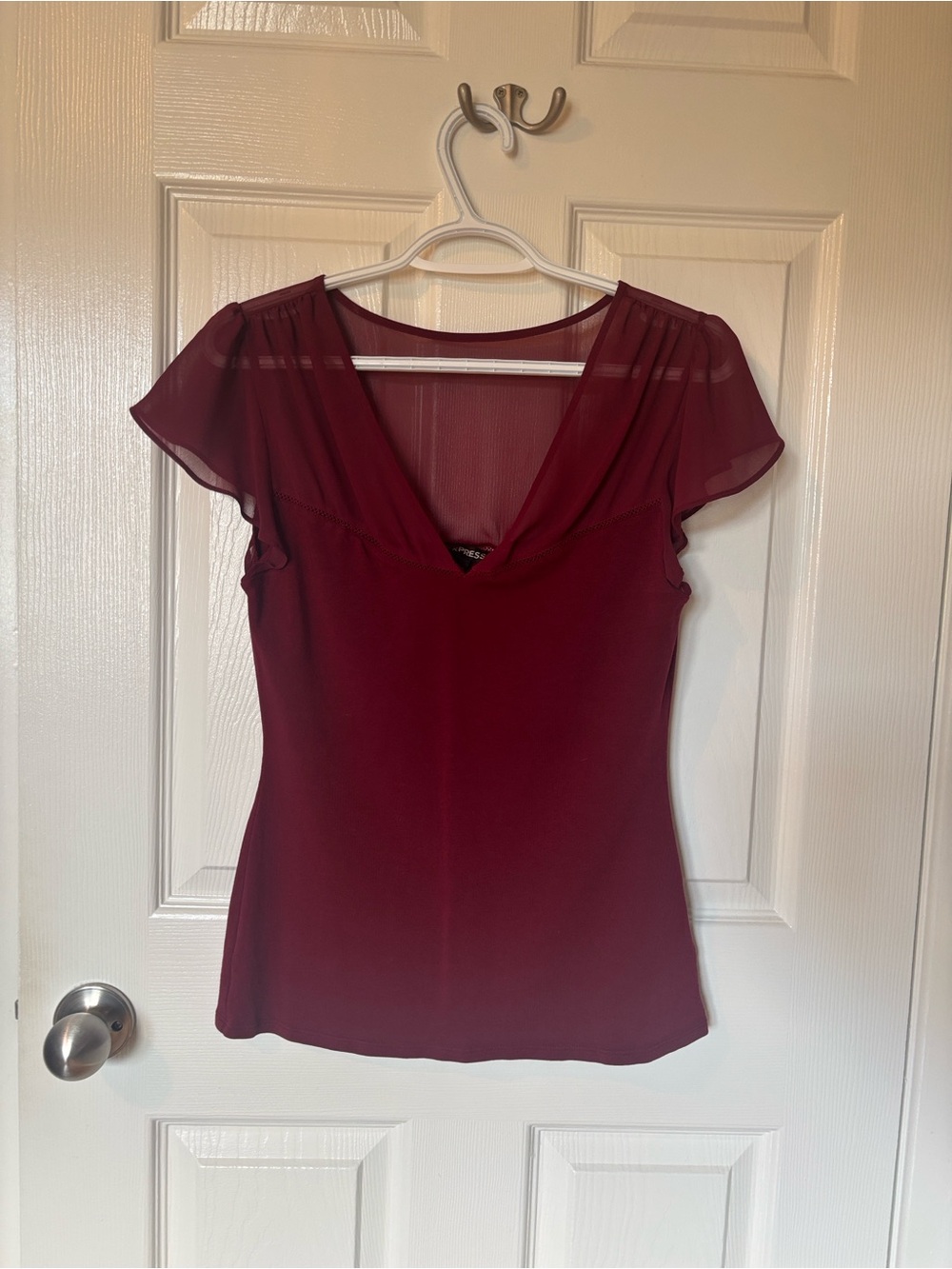 Express Burgundy Shirt with Sheer Flutter Sleeves